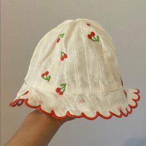 White Hat with Red Cherry Embroidery